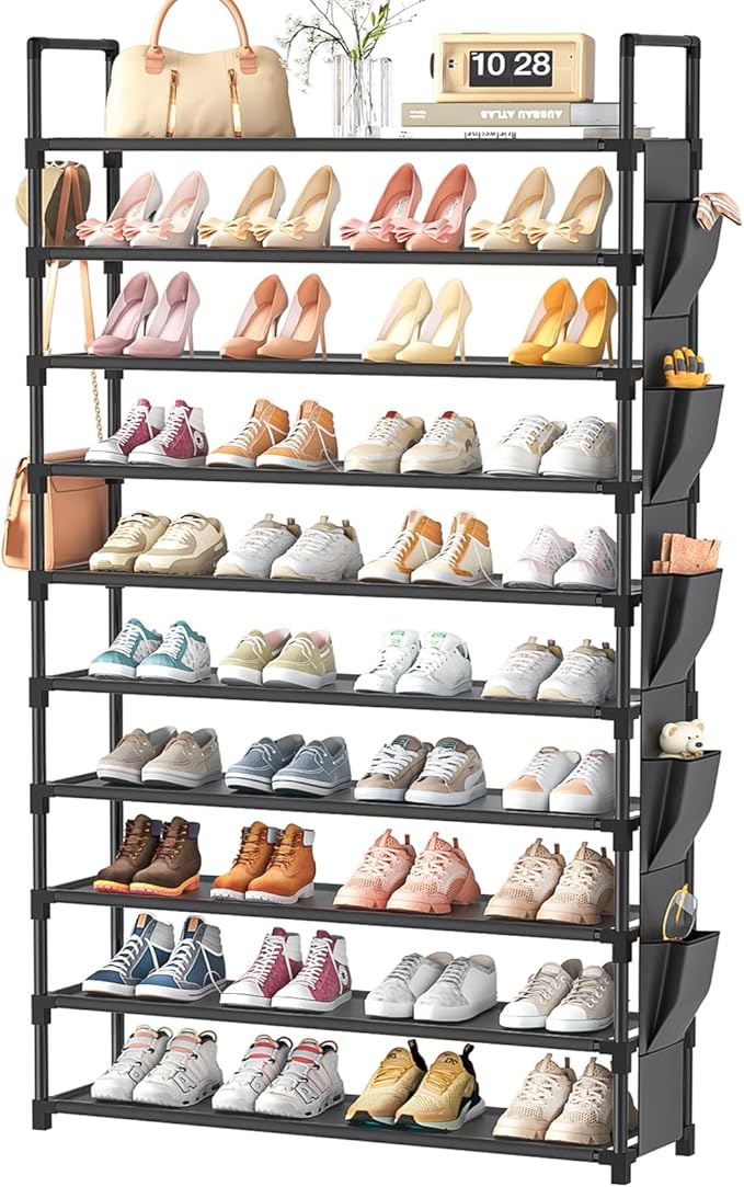 Tall Shoe Rack 10 Tier Shoe Racks Organizer for Closet 40-45Pairs,Large Capacity Storage Rack for Shoes with 5Hooks,Sturdy Metal Shoe Shelf, Vertical Shoe Stand Tower-NeatNest