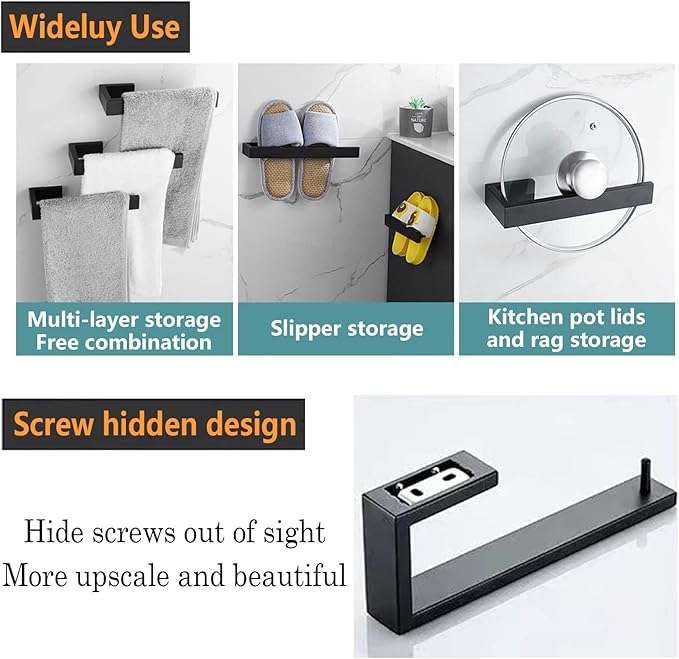 2-Piece Hand Towel Holder, Towel Ring - Thicken SUS 304 Stainless Steel Towel Holder for Bathroom Wall, 8" Rectangular Modern Design Hand Towel Bar, Contemporary Hand Towel Rack - Matte Black