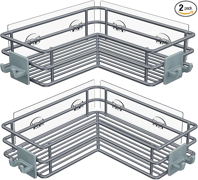 Nieifi Adhesive Corner Shower Caddy Shelf Basket Rack with Hooks, Rust Proof Stainless Steel Bathroom Shelf Shampoo Holder No Drilling (Gray)
