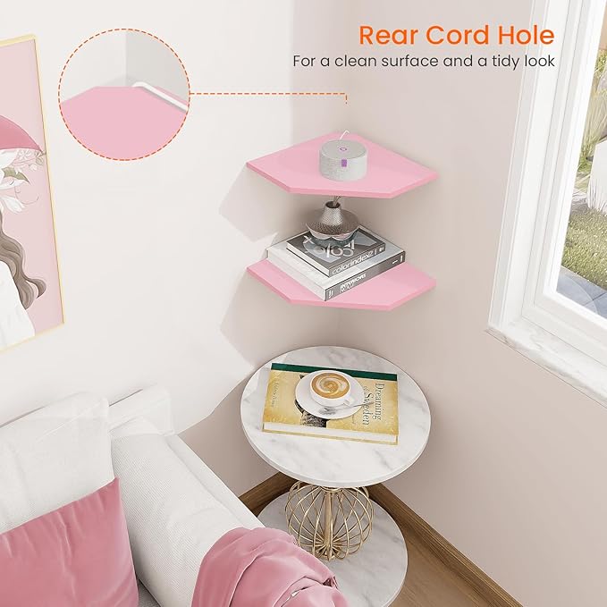 Homode Corner Floating Shelves, Corner Wall Shelf with Cord Hole, 2 Tier Wood Hanging Corner Shelf for Bathroom, Bedroom, Living Room, Pink-NeatNest
