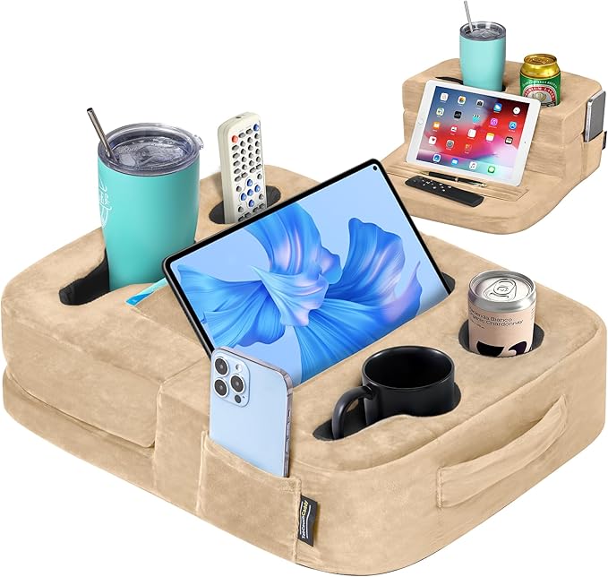 Couch Cup Holder Tray Pillow - Bed, Couch Caddy, Sofa, RV & Car - Holds Drinks, Snacks, Remotes, Phones, Kindle, Tablet | Bed Cup Holder (Beige)-NeatNest