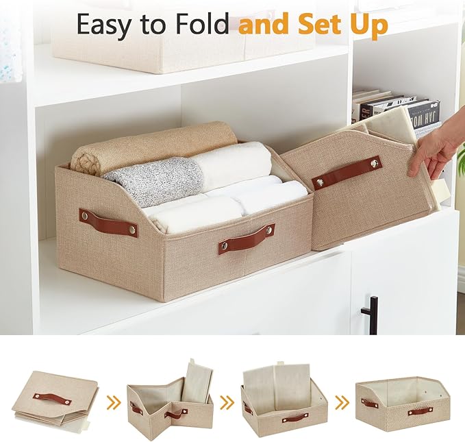 Closet Organizers and Storage, Linen Trapezoid Storage Bins with Handles, Collapsible Shelf Organizer for Blanket, Towel, Clothes, Hats, Purse (Khaki)-NeatNest