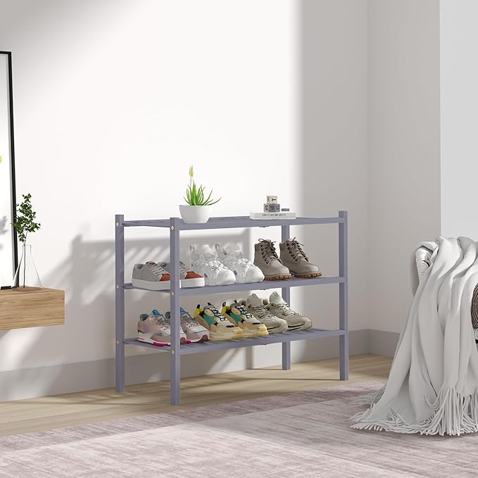 3 Tier Bamboo Shoe Rack for Closet Free Standing Wood Shoe Shelf Storage Organizer for Entryway Small Space Stackable 27"x11"x20" (Grey)-NeatNest