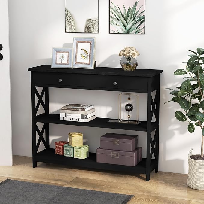 GOFLAME 39" Console Sofa Table with Drawers, 3-Tier Narrow Entry Table with Storage Shelves for Living Room Behind Couch, Entryway, Hallway (Black)-NeatNest