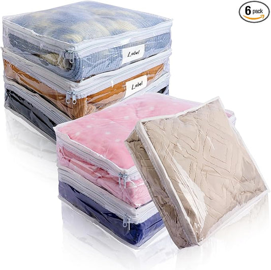 Clear Zippered Storage Bags Plastic Sweater Storage Bags with Zipper 6 Packs Clothing Organizer for Blankets Linen Sweater Bed Sheet Quilt Clothes Pillow (15.7 x 13.8 x 3.9 Inch)-NeatNest