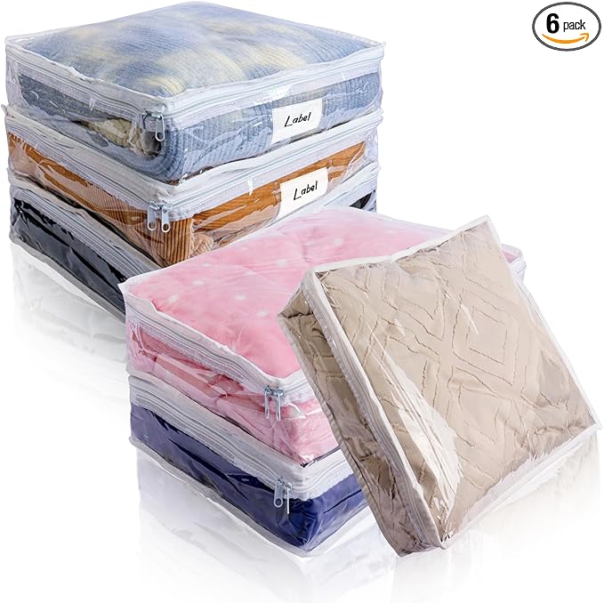 Clear Zippered Storage Bags Plastic Sweater Storage Bags with Zipper 6 Packs Clothing Organizer for Blankets Linen Sweater Bed Sheet Quilt Clothes Pillow (12 x 12 x 4 Inch)-NeatNest