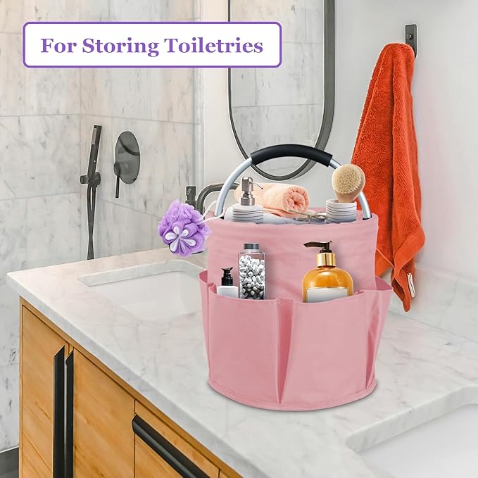 17L Portable Shower Caddy with 6 Side Pockets, Foldable Cleaning Supply Caddy with Handle, Garden Tool Bag in 600D Oxford Fabric, Multifunctional Storage Basket for Showers, Picnics, Pink-NeatNest
