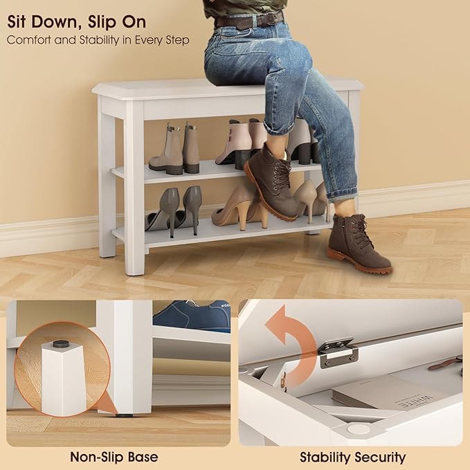 Shoe Rack Bench Seat Rubberwood 2-Tier Wooden Storage Bench 550lbs Compact Mid-Century Modern Design for Entryway, Hallway, Closet, Front Door Entrance, Foyer-NeatNest