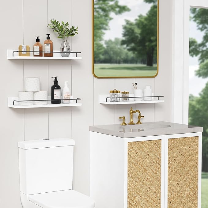 Forbena White Floating Shelves Bathroom Shelves Over Toilet Set of 3, Bathroom Organizers and Storage Shelves Wall Mounted, Modern Wood Corner Wall Shelf for Bedroom Closet -White and Dark Grey-NeatNest