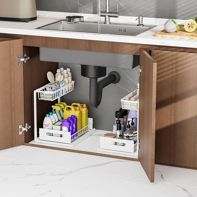 Under Sink Organizers and Storage 2 Tier Slide Out Kitchen Cabinet Organizer Sturdy Metal Bathroom Storage (White, 2 Pack)-NeatNest