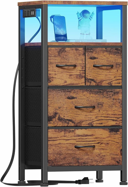 Furnulem Dresser for Bedroom, Tall Nightstand, Bedside Table with Charging Station, LED Light, Fabric Bins, Night Stand with Wood Shelf, Small Furniture for Entryway, 33 Inch (4 Drawer, Rustic Brown)