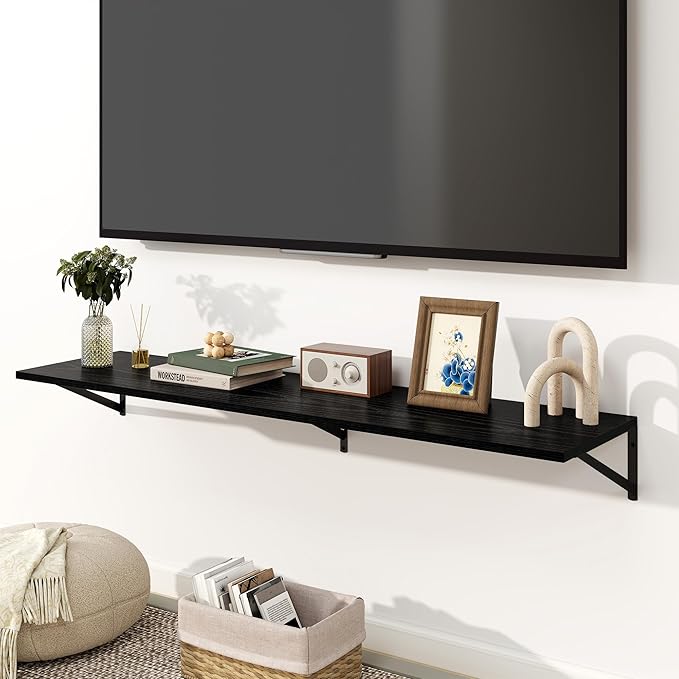 Fun Memories Floating Shelves for Wall, 12 Inch Deep Floating Shelves Set of 2, 55W x 12D Large Wall Shelf with Sturdy Metal Brackets for Living Room, Bathroom, Bedroom and Kitchen, Black-NeatNest