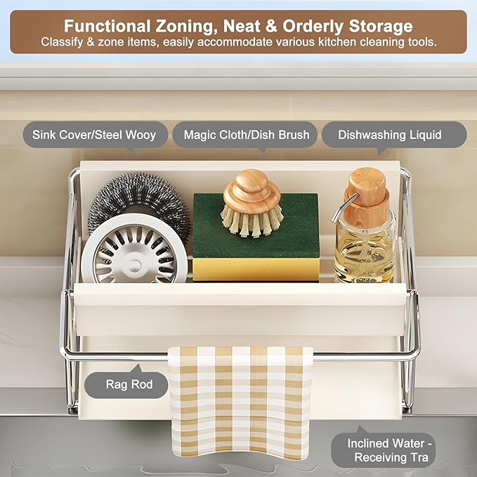 Kitchen Sink Sponge Rack, Self Draining Kitchen Sink Storage Rack, Rust-Proof Stainless Steel Dish Sponge Storage Rack (with Dish Cloth Rack), Bathroom Soap Dispenser Storage (White)-NeatNest