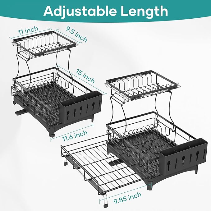 Dish Drying Rack for Kitchen Counter, Extendable Dish Rack with Drainboard, Kitchen Countertop 2 Tier Dish Drying Rack, Expandable Dish Strainer with Cutlery Holder, Removable Cutlery Holder（Black）
