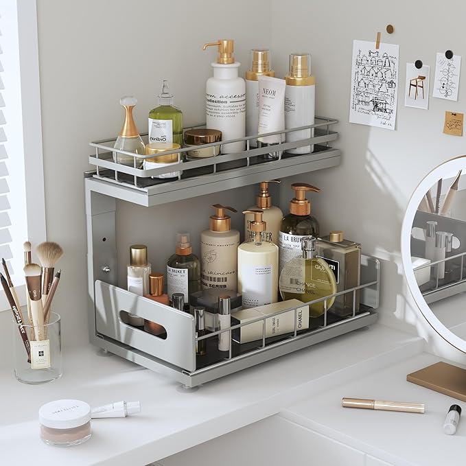 1 Pack Under Sink Organizer Upgrade to Professional Rails,2-Tier Dual Pull Out Cabinet Storage,Height Adjustable Slide Out Drawers for Bathroom Kitchen,Under Sink Shelf-Gun Gray-NeatNest