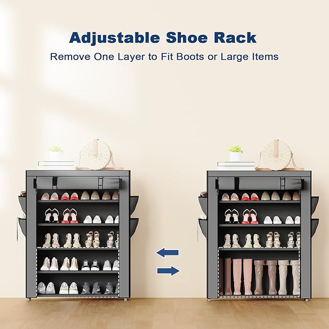 Mavivegue Shoe Rack with Cover, 5 Tier Shoe Organizer for Entryway, Shoe Storage for Front Door Entrance, Closet, Garage, Grey-NeatNest