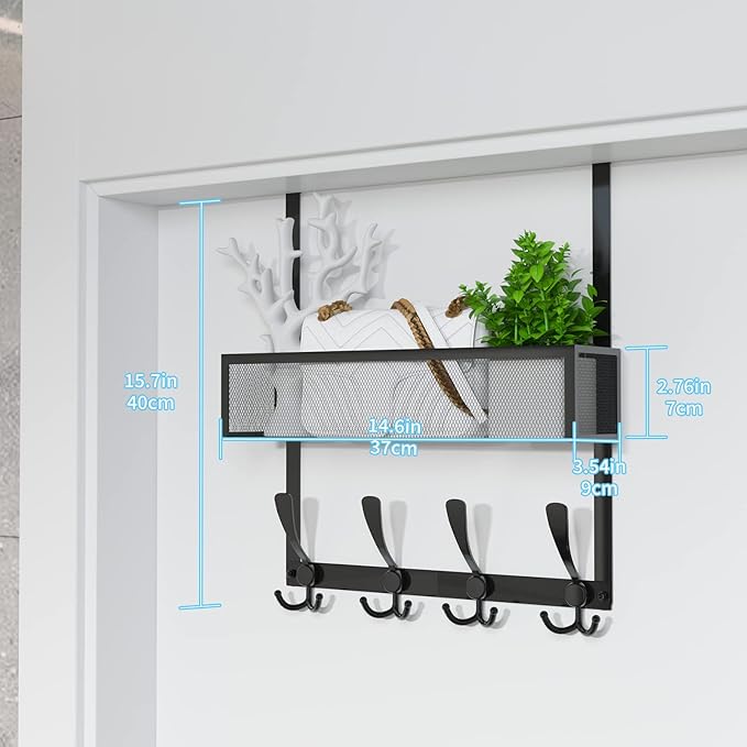 Over The Door Hooks Organizer,Over Door Hanger Towel Rack Mesh Basket with 12 Hooks,Back of Door Storage Organizer for Bedroom,Bathroom,Kitchen,Office(Black)