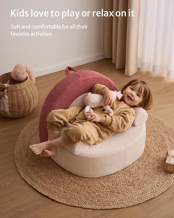 Blissful Diary Toddler Chair Comfy, Foam Kids Chair with Soft Teddy Plush, Toddler Reading Armchair with Cute Arclet Designs- Light Cream-NeatNest