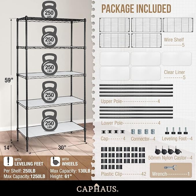 CAPHAUS NSF Adjustable Shelves Metal Wire Shelving Unit w/Liners, Kitchen Storage Shelving, Metal Steel Storage Shelving, Garage Shelving Storage Organizer, Utility Shelf, 5-Tier W/Wheels, Black-NeatNest
