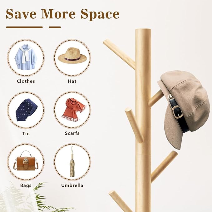 2 Pack Coat Rack, Solid Wood Coat Rack Freestanding with 8 Hooks & 3 Adjustable Heights, Simple Assembly Coat Tree for Hats, Bags, Wooden Coat Hanger Stand for Bedroom, Entryway, Office-NeatNest