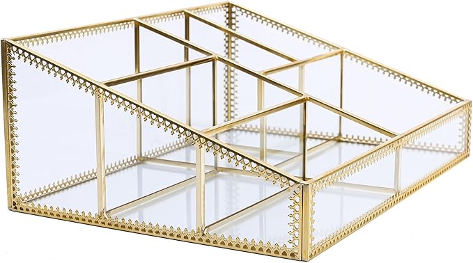 Vintage Gold Makeup Organizer - Glass Makeup Organizer Countertop Organizer for Make-Up Brushes Vanity, Tabletop Organizer Display Case for Bathroom, Vanity, Drawers GJB001