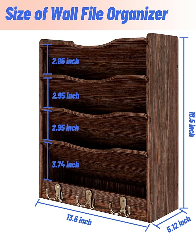 5 Tier Hanging Wall File Holders Letter Size Wall File Organizer Wood Mail Organizer with 6 Hooks, Brown