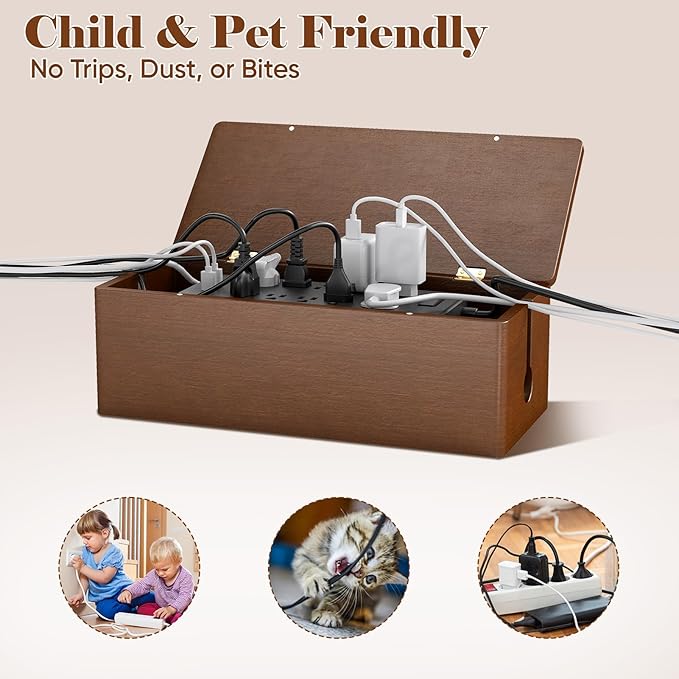 Delamu Cable Management Wooden Box with Magnetic Lid, Duty Cord Organizer Power Strip Hider Cover with Ventilation for Desk, Floor, Home Office, Baby-Pets Safe Storage Solution