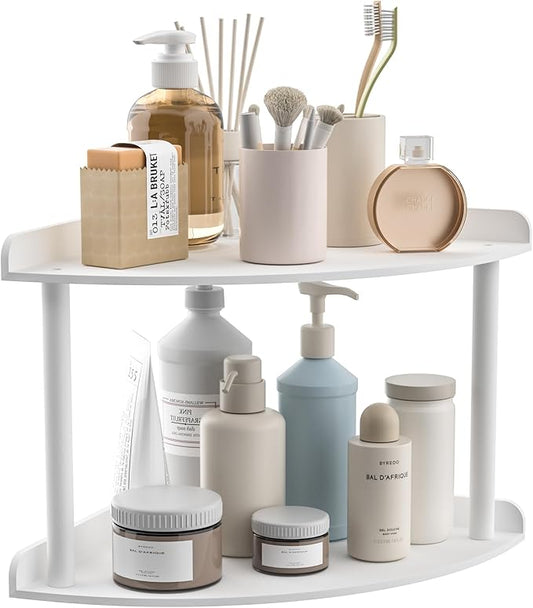 2 Tier Acrylic Corner Shelf Organizer Storage 9.5x9.5x8 Inch, White Countertop Corner Shelf for Bathroom, Kitchen, Bedroom, Office, Study Room-NeatNest