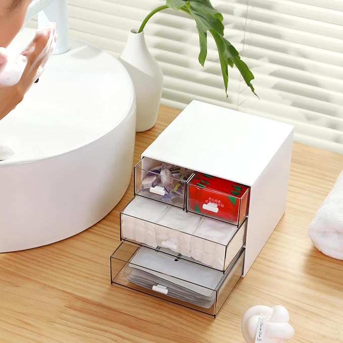Makeup Organizer with 4 Drawers, Desk Organizer, Cosmetics Storage Box for nail polish, Lipstick, Brushes, Jewelry, Skincare, Bathroom Organization Boxes - White-NeatNest