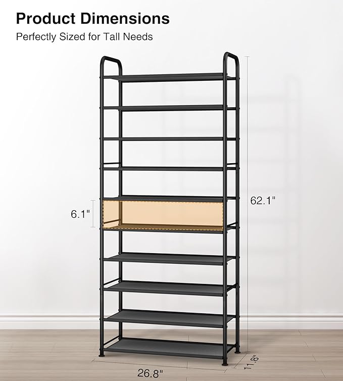 STO STO 10-Tier Shoe Rack with Sturdy Mesh Shelves, Tall Metal Shoe Organizer for Entryway, Closet, Garage, Front Door, Holds 30 Pairs, Free Standing Large Shoe Storage Shelf, Adjustable Feet, Black-NeatNest