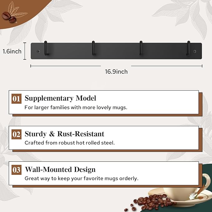 HULISEN Coffee Mug Holder Wall Mounted with 12 Hooks (Regular - Additional Mug Rack)-NeatNest
