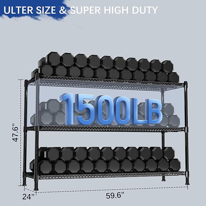 GIOTORENT 59.6" W x 24" D x 47.6" H Heavy Duty Storage Shelves, 2000LB Capacity Metal Shelving with 1IN Adjustable Height, Garage Shelving for Home, Warehouse & Commercial Use, Black