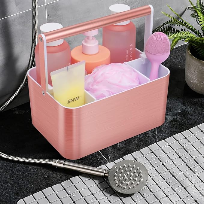 Portable Shower Caddy Tote: Divided Large Plastic Bath Basket Bin with Handles for College Dorm, Shower Storage Organizer for Bathroom Vanity Holds Shampoo,Conditioner Pink