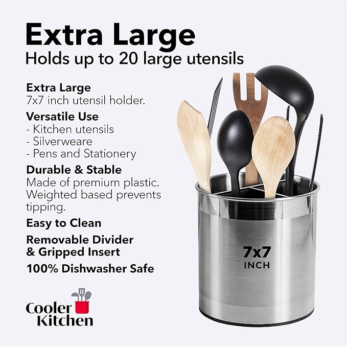 Cooler Kitchen Rotating Extra Large Stainless Steel Utensil Holder Caddy with Sturdy No-Tip Weighted Base, Removable Divider, and Gripped Insert Bottom -Dishwasher Safe Metal Cooking Utensil Holder…-NeatNest