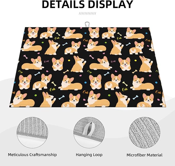 Cute Corgi Dish Drying Mat 18 x 24 Inch for Kitchen Counter Cute Kitchen Mat Microfiber Kitchen Countertop Absorbent Reversible Drainer Rack Pad Dish Drying Mat-NeatNest