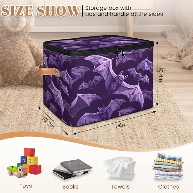 Halloween Bat Storage Bins with Lids, Purple Bats Fabric Storage Boxes with Zipper, Collapsible Decorative Closet Organizer Cube for Clothes,Organizing, Shelves-NeatNest