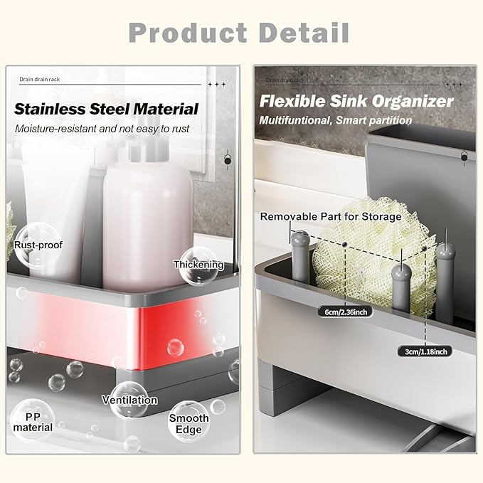 Sponge Holder for Kitchen Sink,Sink Caddy Organizer with Removable Brush Holder,Kitchen Countertop Soap Dispenser Storage with Detachable Towel Rack, Grey-NeatNest