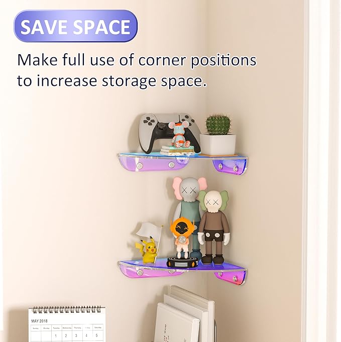 7x7 Inch Corner Shelf Wall Mount Set of 2, Iridescent Acrylic Corner Floating Shelves, Corner Wall Organizer Shelf for Bathroom, Kitchen, Bedroom, Living Room, Dining Room, Office