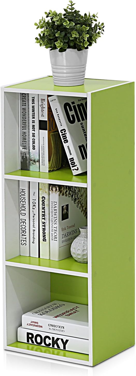 Furinno Pasir 3-Tier Open Shelf Bookcase, White/Green 11003WH/GR-NeatNest