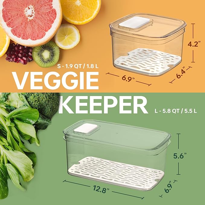 Felli Duo Fresh Veggie Keeper Bin with Vent + Drain Trays, RECTANGLE Fridge Vegetable Fruit Container for LONG & LARGE Produce Storage Lettuce Cabbage Celery Cucumber Organizer for Refrigerator