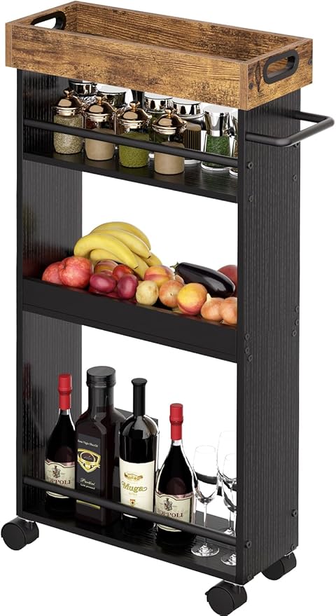 Slim Storage Cart, 4 Tier Bathroom Storage Cart with Pallets, Kitchen Utility Cart, Narrow Rolling Cart with Handle for Small Spaces for Dining Room, Bathroom, Laundry Room