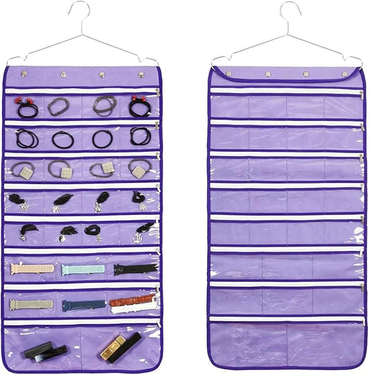 Dual Sided Hanging Jewelry Organizer with Hanger for Closet Necklace Earrings Bracelet Ring Travel Holder (56 Zippered Clear Pockets Purple)-NeatNest