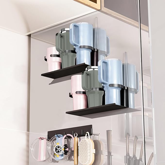 KALYLOC 2 Packs Magnetic Cup Holder for Stanley Cup 30/40 oz, Water Bottle Organizer for Stanley Cup Accessories with 6 Hook for Fridge, Tumbler Holder Organizer Storage Rack for Kitchen Cabinets