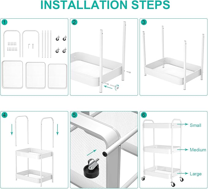 3-Tier Rolling Metal Storage Cart with Wheels, Multi-Functional Organizer for Office, Kitchen, Bathroom, Books Diapers - Easy Assembly (White)-NeatNest