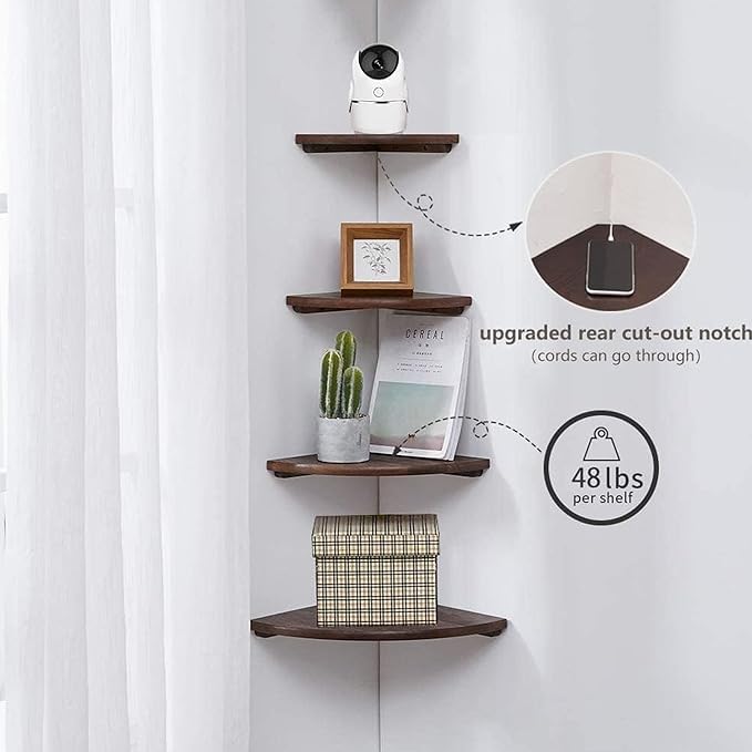 Corner Shelves, Floating Corner Shelf, Set of 2 Solid Oak Wood Wall Shelves, Round End Wall Mount with Wire Hole Shelving for Small Plant for Bedroom Kitchen, Living Room Walnut 8.7”-NeatNest
