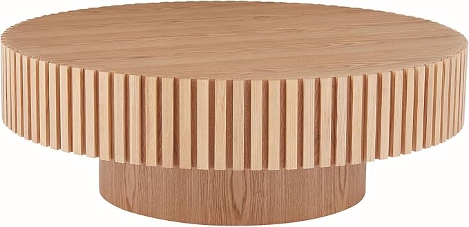 kevinplus 31.49'' Round Coffee Table Modern Wood Coffee Table for Living Room, Contemporary Circle Fluted Drum Style, Easy Assembly, Oak (ø31.49'' x 13.77'')