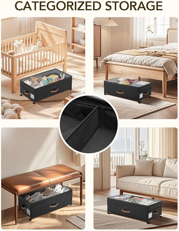 4 Pack Under Bed Storage with Wheels, Adjustable Height Storage Containers, 10 inches Large Capacity Rolling Underbed with Lids, Storage Drawers Shoes, Clothes, Blankets, Black-NeatNest