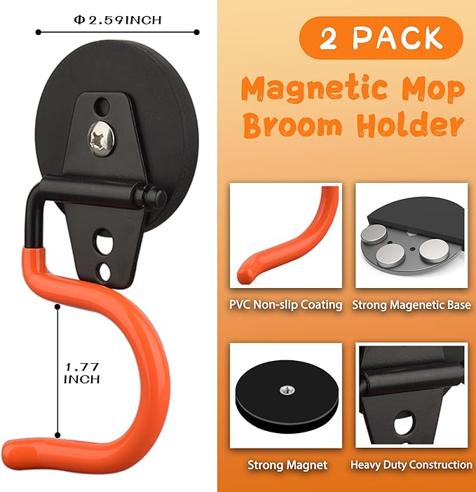 ULIBERMAGNET Magnetic Mop Broom Holder,Heavy Duty Movable Magnetic Tools Holder,Anti-Slip Strong Metal Hooks Mop Shovel Hanger for Garage, Kitchen, Laundry, Garden(2 Pack/Orange)