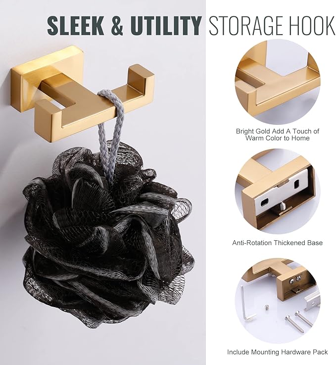 Double Bathroom Towel Hook for Wall Mounted - Gold Modern Towel Holder - Heavy Duty Coat Robe Hooks for Wall - Stainless Steel Shower Towel Hanger
