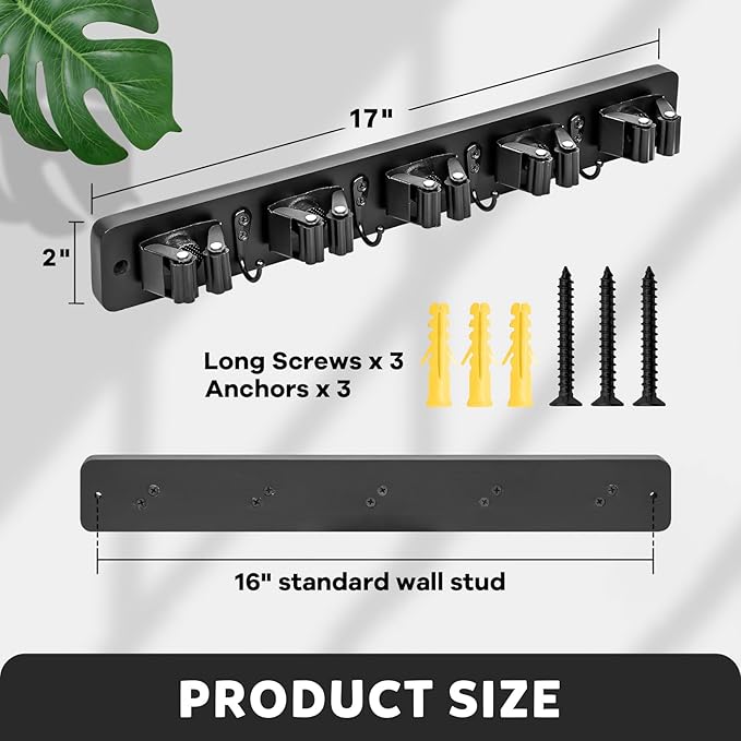 IMILLET Broom Holder Wall Mount, Wood Broom Holder with 5 Racks and 4 Hooks Broom Organizer, Laundry Room Organization and Storage, Mop Hanger for Home Organization, Garden, Garage, Closet (Black)-NeatNest
